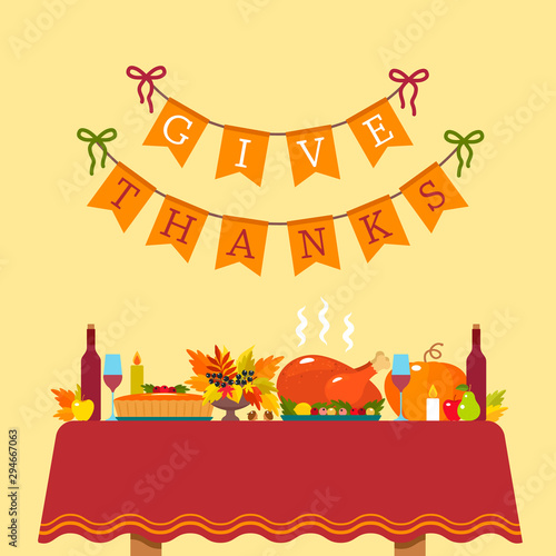 Thanksgiving Greeting Card. a festive table with a tablecloth with baked turkey and pumpkin pie on the background of a congratulatory inscription.