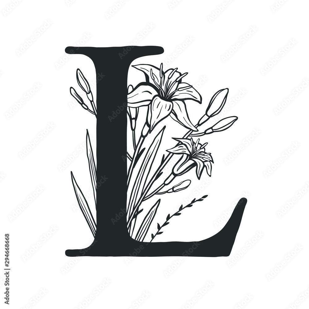Letter R Lily Vector floral logo with lily flowers and capital letter L. Hand drawn ...