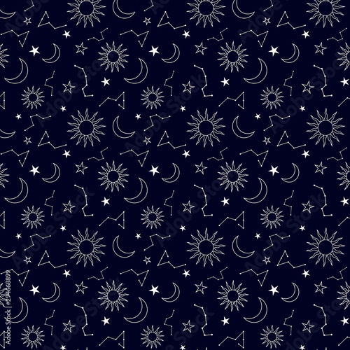 Galaxy repeat pattern design with zodiac elements, alchemy, scientific