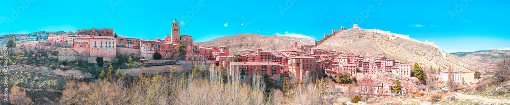 Panoramic view of the medieval pink city in the hills - Albarracin, Teruel, Spain, Apr.2019