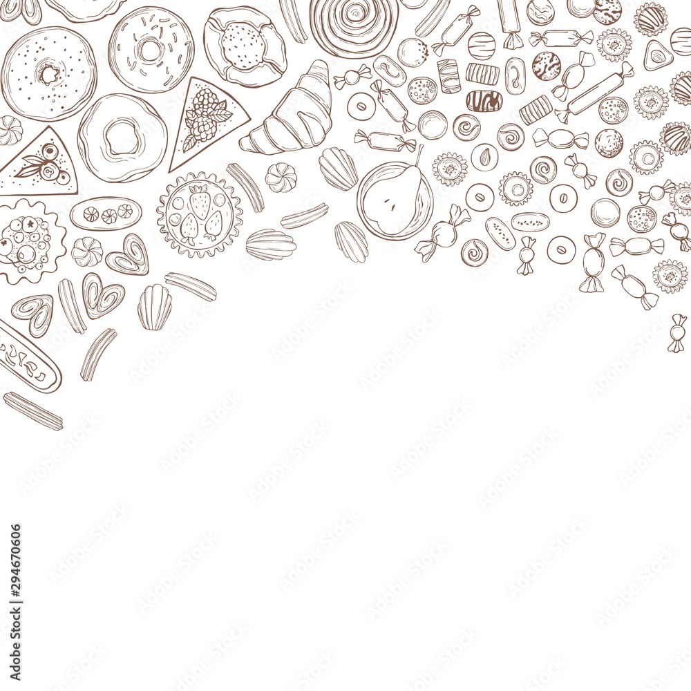 Bakery products background. Cookies, cakes, sweets. Vector sketch  illustration.