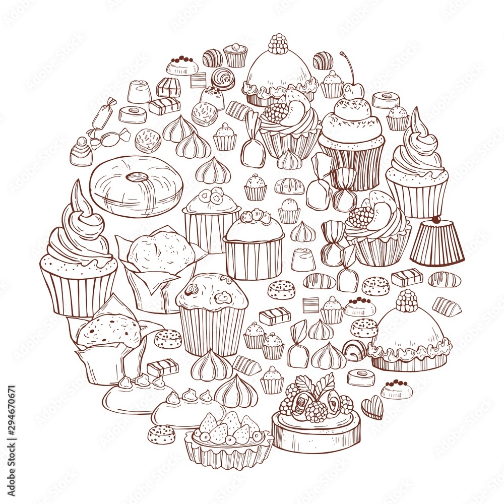 Bakery products background. Cookies, cakes, muffins. Vector sketch illustration. Bakery products background. Cookies, cakes, muffins. Vector sketch illustration.