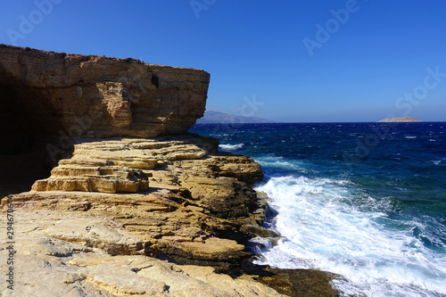 Famous rocky beach and volcanic seascape of Gala in island of Koufonisi, Small Cyclades, Greece