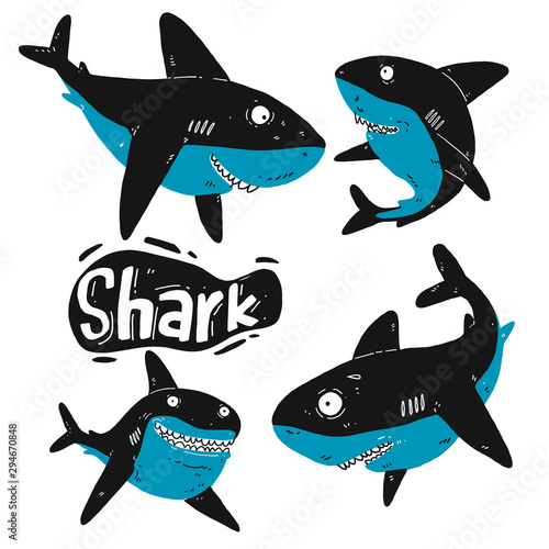 Set of shark silhouette. Hand drawn vector illustration. Outline with transparent background.