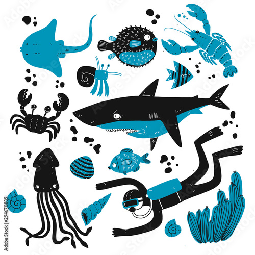 Set of deep sea creatures sketches. Hand drawn vector illustration. Outline with transparent background