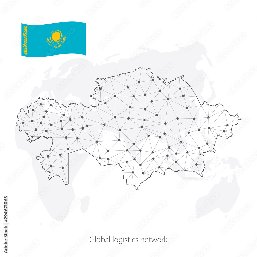 Global logistics network concept. Communications network map Kazakhstan on the world background. Map of Kazakhstan with nodes in polygonal style and flag. Vector illustration EPS10. 