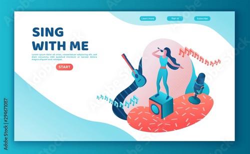 Singer contest 3d isometric landing page, vector colorful illustration, girl singing with microphone, radio person, listen music, website template, ui, ux design