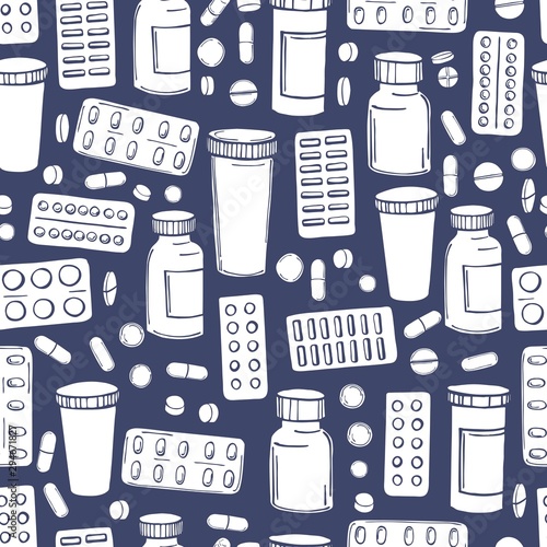 Hand drawn pills and medicines on white background.  Vector  seamless pattern.
