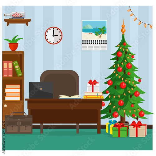 Cozy office  decorated for the new year and Christmas with a Christmas tree and gifts. Vector illustration.