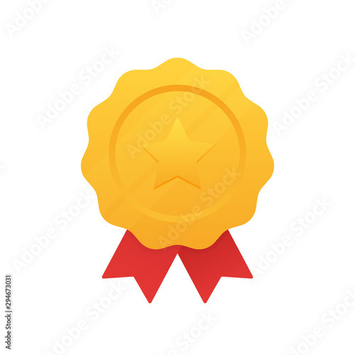 Gold medal with star and red ribbon. 1st place. Modern flat style vector illustration