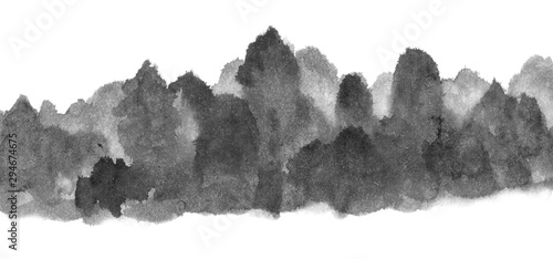 Black and white image. Ink Chinese mountain landscape. Mountains in the fog. Trees on the mountain. Ink image. Pines. Hill  mountain  peak  volcano