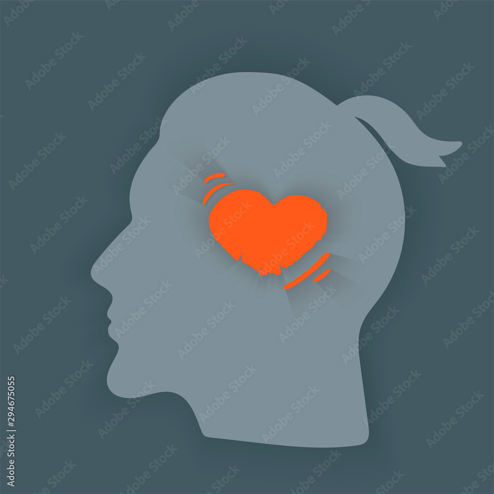 Tearing headache.Headache icon.  Abstract minimal illustration of young man with red bomb in his head suffers from headache. Design template for medicine or therapy for headache.