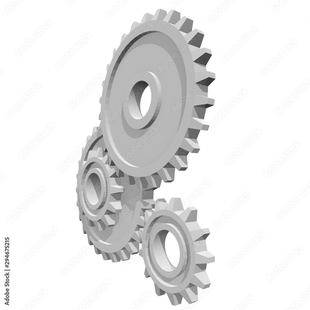 Gears. Mechanical technology machine engineering symbol. Industry development, engine work, business solution concept. 3d render illustration isolated on white background Gears. Mechanical technology machine engineering symbol. Industry development, engine work, business solution concept. 3d render illustration isolated on white background