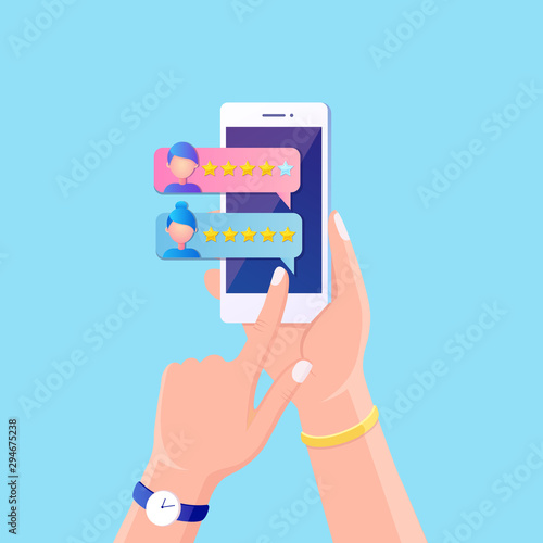 New chat messages notification on mobile phone. Sms bubbles on cellphone screen. Star rating. Client feedback, customer review. Survey for marketing service. People chatting. Vector flat design