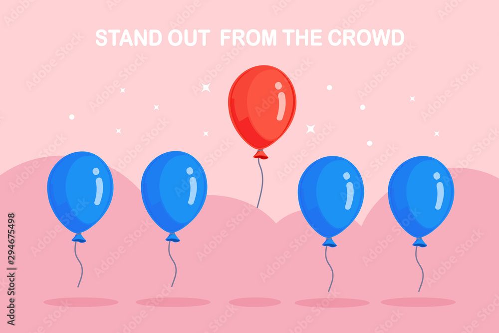 Stand out from crowd. Air balloons flying, circle and stars in background. Think differently concept. Vector flat design