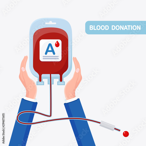 Blood bag with red drop in hand isolated on white background. Donation, transfusion in medicine laboratory concept. Save patient life. Vector flat design