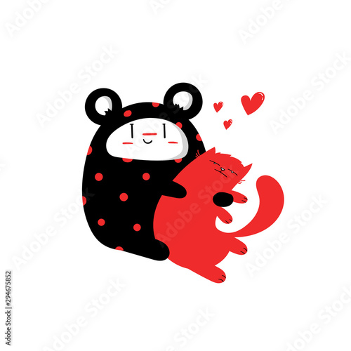 Cute Bear Costume Character Hugging Red Cat – Love and Friendship Illustration