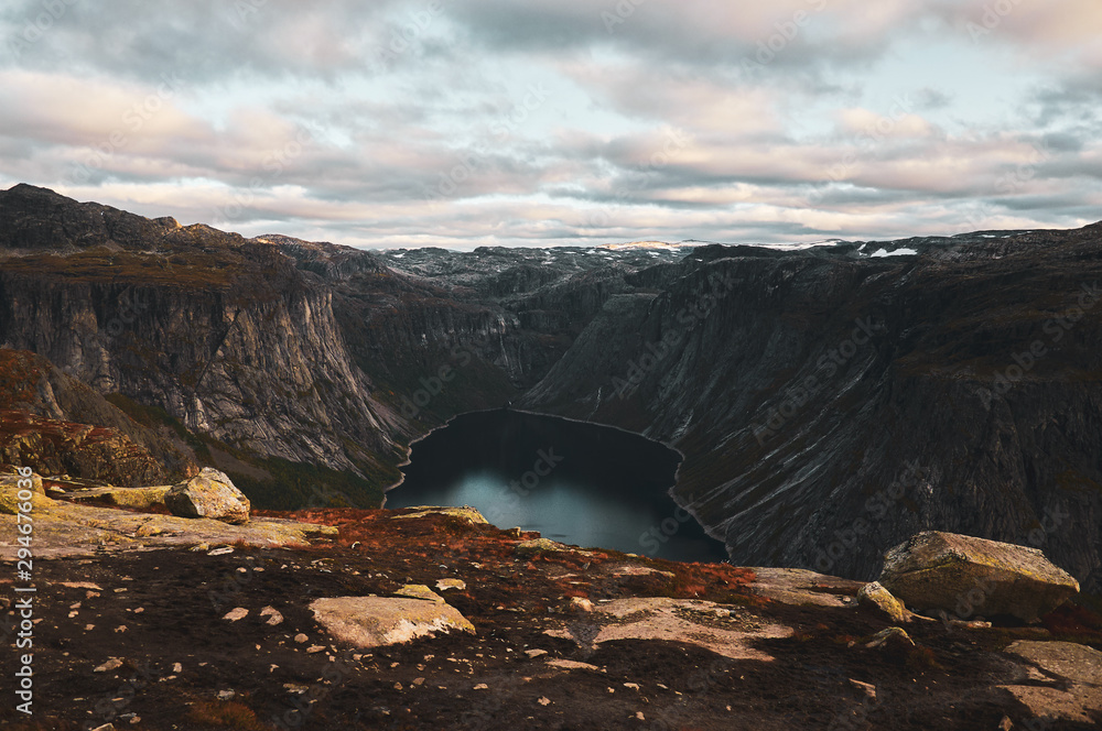Breathtaking views of Norwegian national park, river and fjords at bright day.