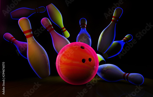 Bowling lane with ball and pins in neon light.
