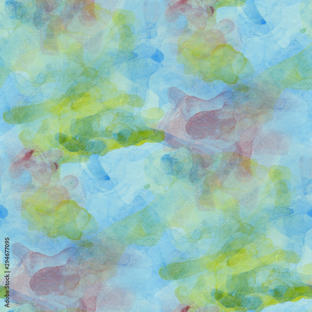 Seamless pattern abstract background colorful yellow, blue, pink, green blot. Hand drawn watercolor.