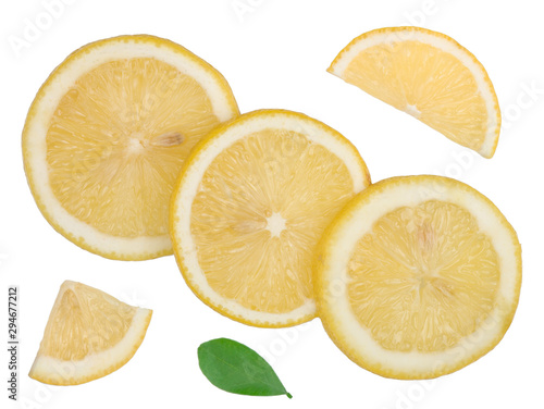 Lemon slices isolated on white background. Lay Flat, top view