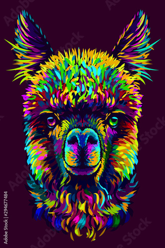  Alpaca / Llama portrait. Abstract, hand-drawn, multi-colored portrait of an alpaca / llama on a dark purple background.