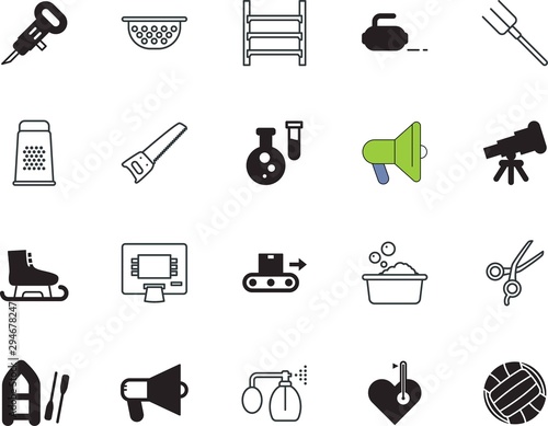 equipment vector icon set such as: pitch, wealth, factory, jackhammer, transportation, package, tech, rock, test, alarm, volleyball, monitor, clean, lovely, crosscut, hammer, 10, fork, laundry, audio