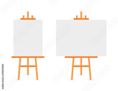 Vector Set of Wooden Brown White Sienna Easels with Mock Up Empty Blank Square Canvases Isolated on Background.