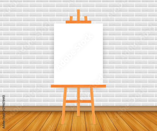 Vector Set of Wooden Brown White Sienna Easels with Mock Up Empty Blank Square Canvases Isolated on Background.