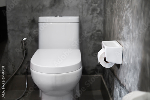 White hanging toilet seat on white toilet in the home bathroom with grey tiles in concrete style and toilet paper on the wall. Bathroom luxury interior.