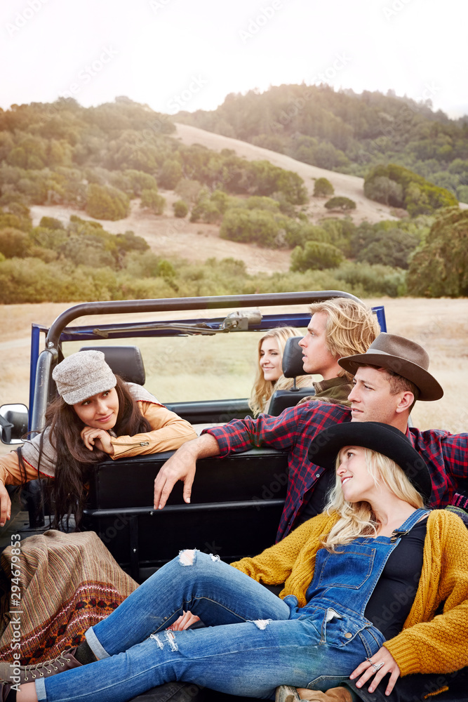 Portrait of group of friends in nature while on road trip relaxing Portrait of group of friends in nature while on road trip relaxing