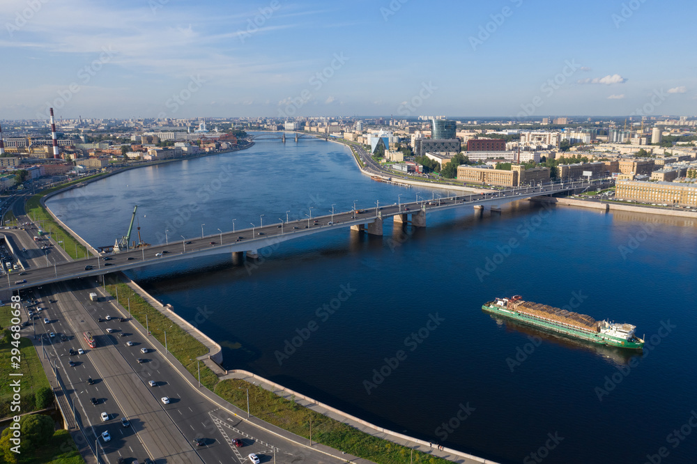 Cargo ships on the Neva in St. Petersburg.