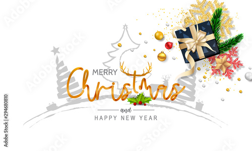 Merry Christmas and happy new year with Creative Christmas tree, fir branches, pine cones, gift boxes, holly, and string lights. Christmas greeting card vector design.