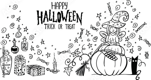 Halloween card - witch sitting on a pumpkin, black cat, star, gifts, candies, bottles of potion. Vector illustration. Perfect for postcard, greeting card, print, coloring book.