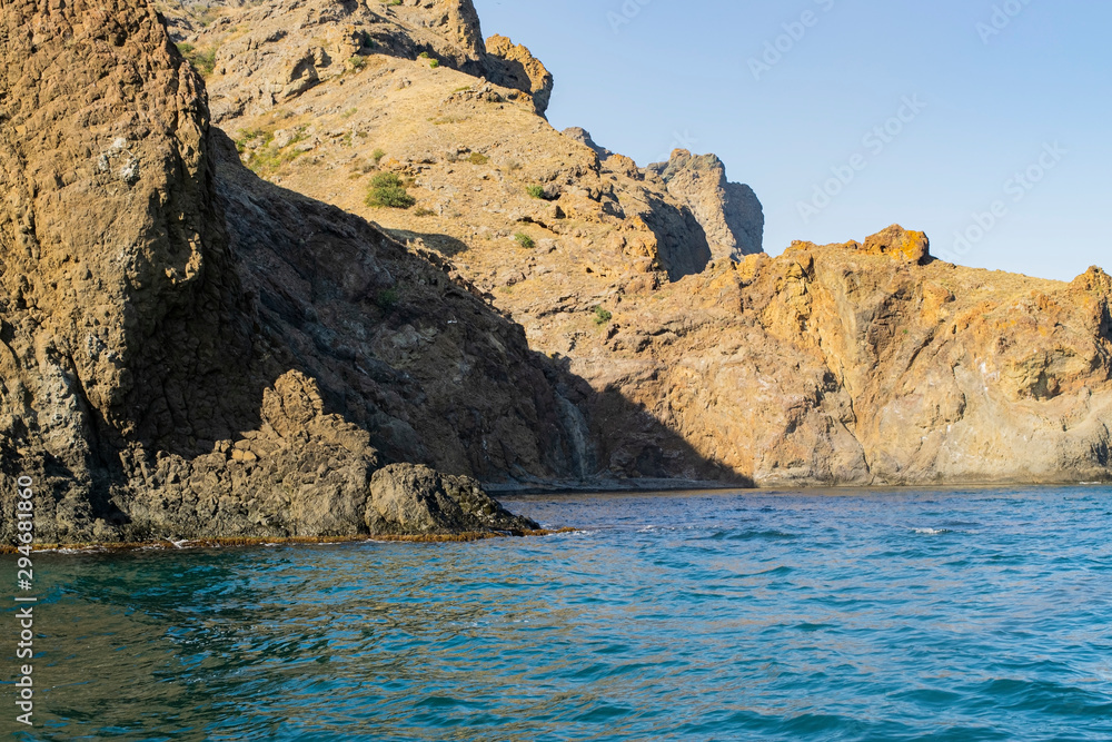 Naklejka premium Kara-Dag mountains, view of the rocks from the sea, Crimea, Russia.
