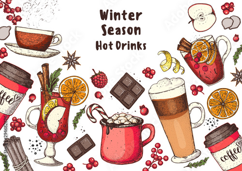 Hot drinks for design. Mulled wine, winter hot drink. Hand drawn sketch. Vector illustration. Christmas invitation design template. Colorful collection. Christmas bar menu. Mulled wine, coffee and tea
