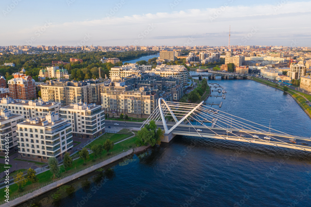 Lazarevsky cable-stayed bridge across Malaya Nevka River, St. Petersburg, Russia