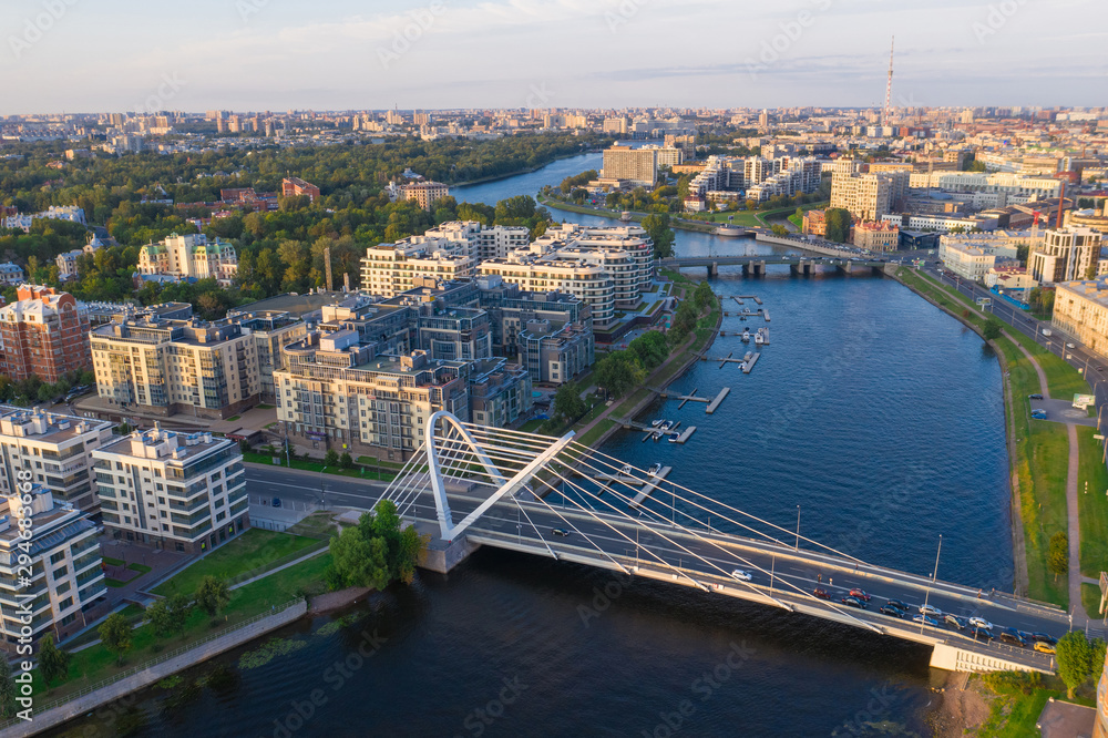 view of the new building with Lazarevsky bridge in Saint-Petersburg, Russia