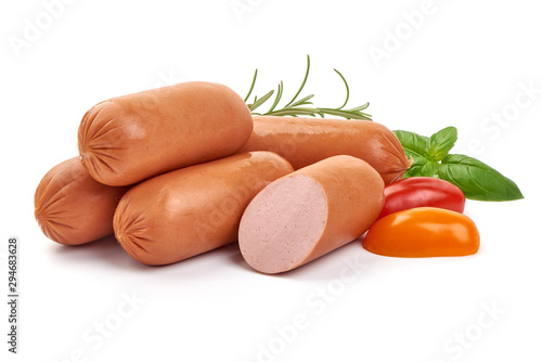 Fresh boiled sausages with basil, isolated on white background