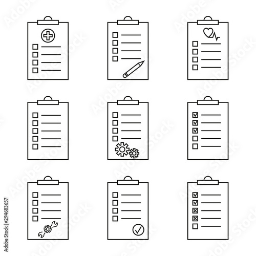 Set of checklist linear vector icon. Clipboard with checkmarks and pencil. List with ticks, check marks and medical diagnosis.