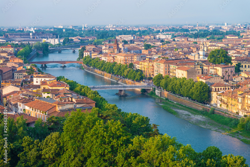 Verona. Image of Verona, Italy during summer sunrise. The famous tourist sight. Main observation deck.