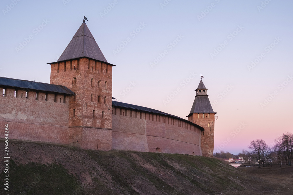 Towers of Novgorod Kremlin in Veliky Novgorod, Russia