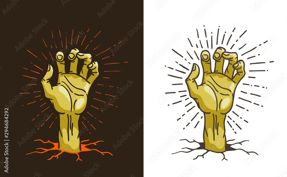 Dead hand sticking out of the ground - cartoon vector illustration. A