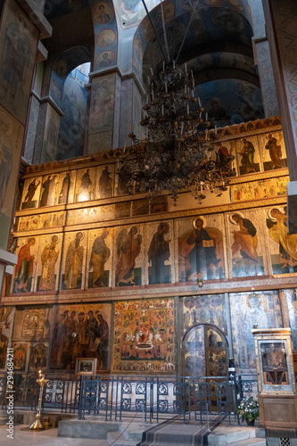 VELIKY NOVGOROD, RUSSIA - APRIL, 2019: altar of an orthodox temple, interior of Saint Sophia Cathedral, Veliky Novgorod, Russia