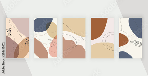 Social media backgrounds with abstract geometric design with pink, brown and blue colors hand painted shapes, leafs and lines. Modern neutral design for flyer, poster, card
