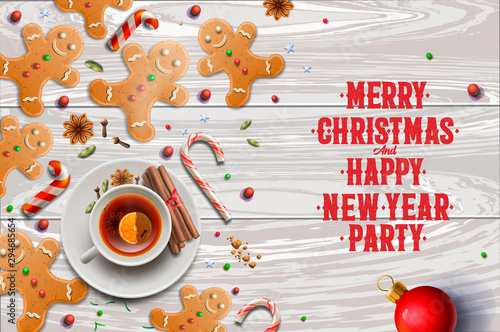 Christmas background, gingerbread cookies, candy canes and anise stars laying on white wooden background. Merry Christmas and Happy New Year poster, vector illustration.