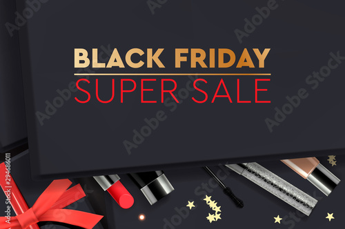 black Friday Super Sale. Black gift box with cosmetics products, top view, design 2020. Vector illustration.