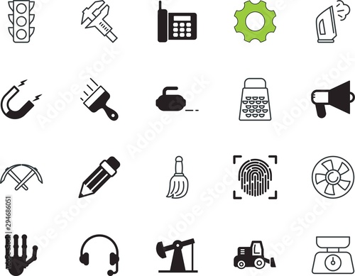 equipment vector icon set such as: kilogram, hydraulic, road, wall, stoplight, urban, loud, contact, hear, electronics, game, ruler, team, eps, cog, gears, digger, force, culinary, cryptocurrency