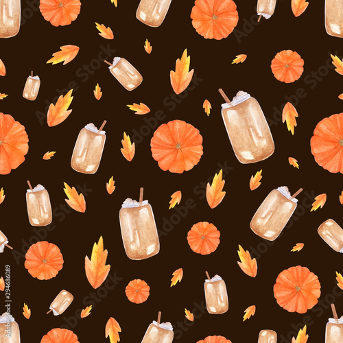 Autumn watercolor pattern. Cupcake, hot chocolate, leaves