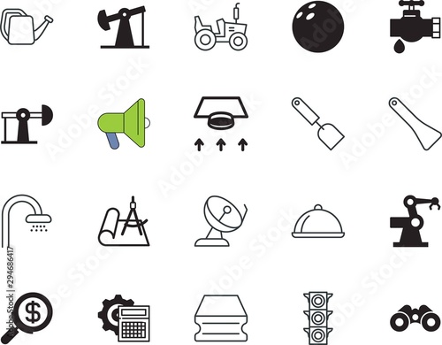 equipment vector icon set such as: information, tractor, icons, sport, shout, drafting, architect, leakage, life, megaphone, robot, dining, hit, platter, hygienic, researcher, soil, internet, tap